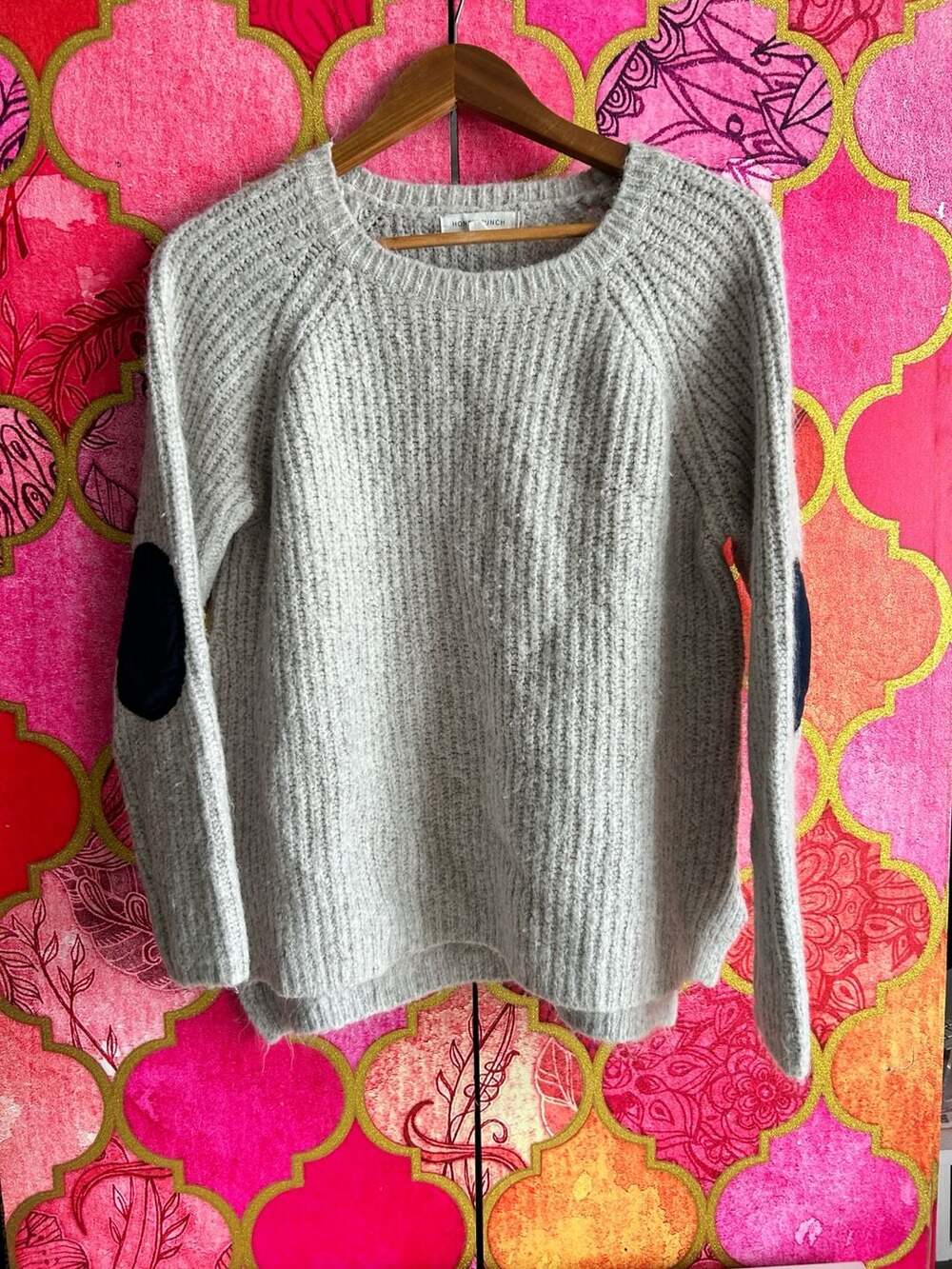 Honey Punch Grey Chunky Knit Sweater with Elbow Patches Size S
